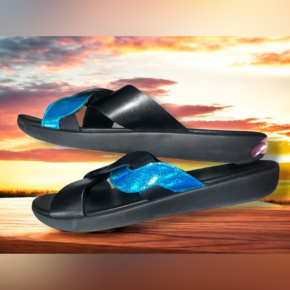 Fitflop Women's 11 Reagan Rope Silp On Slide Sandals Black Blue Leather Slide